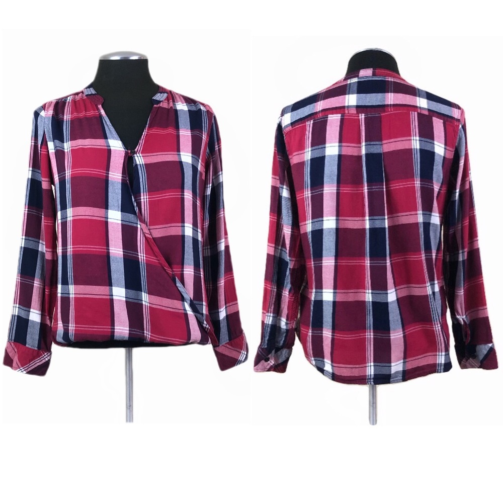 Kensie Jeans - Cropped Long Sleeve Flannel Plaid Wrap Top - Small